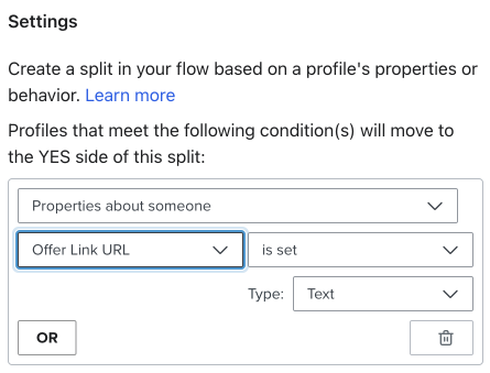 Configuring a conditional split in Klaviyo