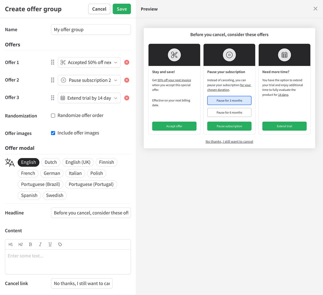 Example of creating an offer group