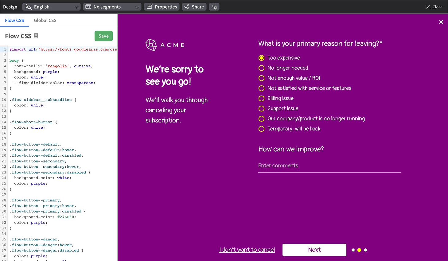 Example of custom CSS in use