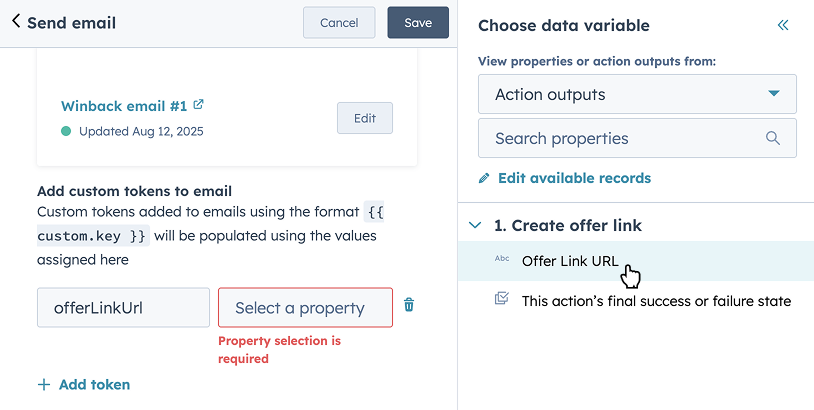 Adding custom tokens to an email in HubSpot