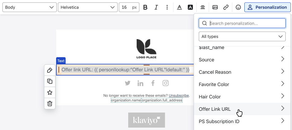 Inserting a custom property into an email in Klaviyo