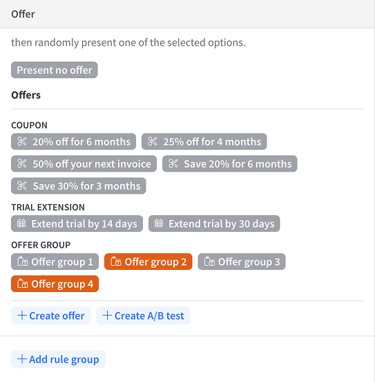 Selecting an offer group in the flow rules editor